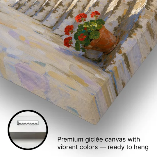 Blue and White Wall Art with Geranium Steps - Canvas Wall Art - Gallery Wrap Corner