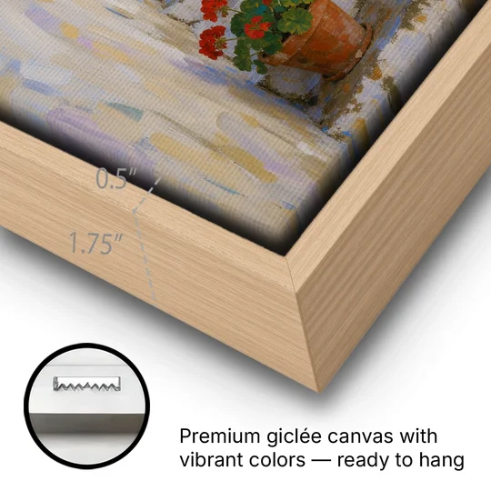 Blue and White Wall Art with Geranium Steps - Oak Framed Canvas Wall Art - Gallery Wrap Corner