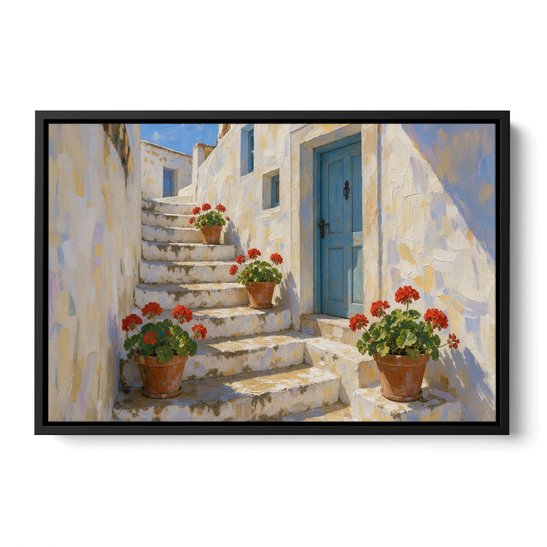 Blue and White Wall Art with Geranium Steps - Black Framed Canvas Wall Art - Front