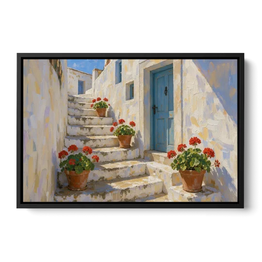 Blue and White Wall Art with Geranium Steps - Black Framed Canvas Wall Art - Front