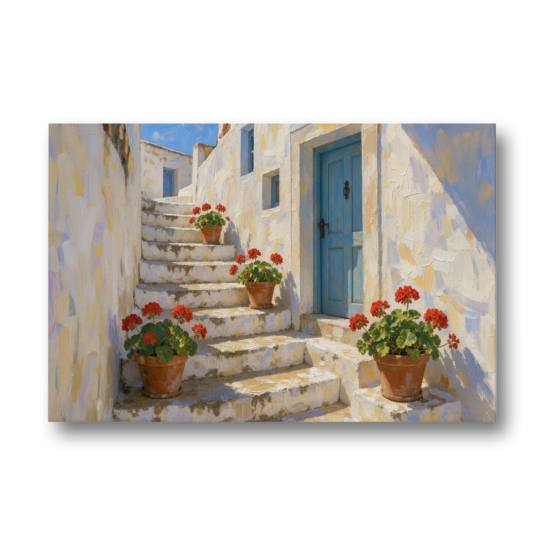 Blue and White Wall Art with Geranium Steps - Canvas Wall Art - Front