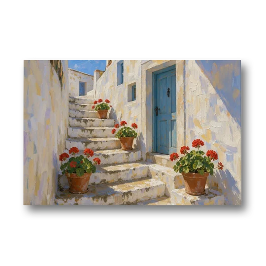 Blue and White Wall Art with Geranium Steps - Canvas Wall Art - Front