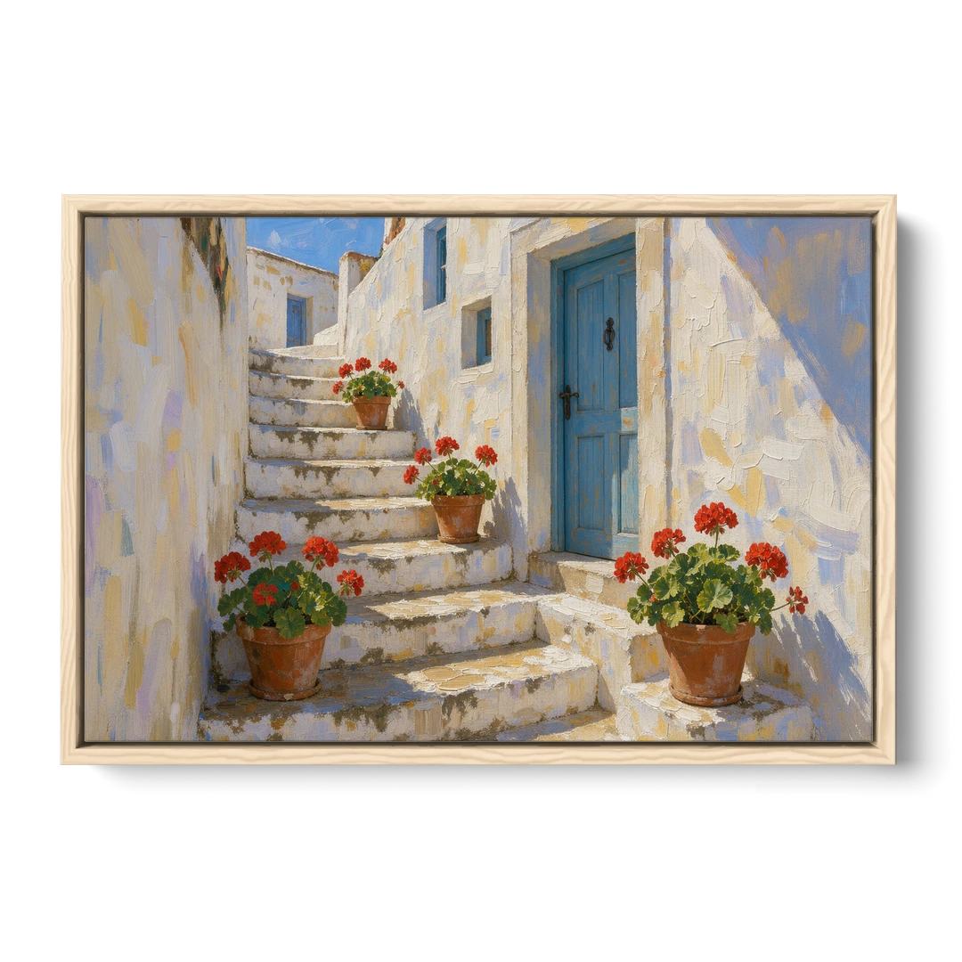 Blue and White Wall Art with Geranium Steps - Oak Framed Canvas Wall Art - Front