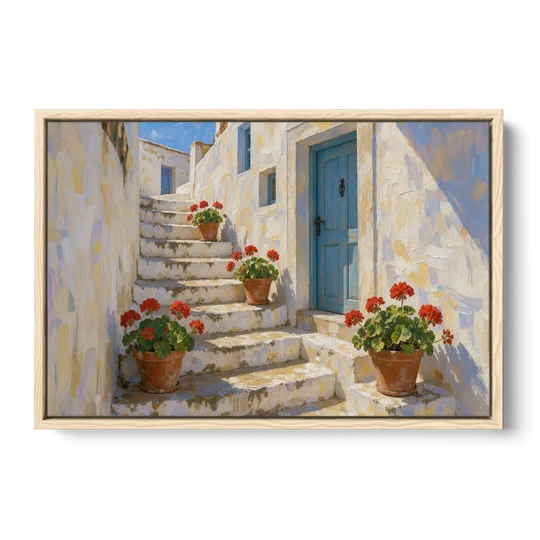 Blue and White Wall Art with Geranium Steps - Oak Framed Canvas Wall Art - Front