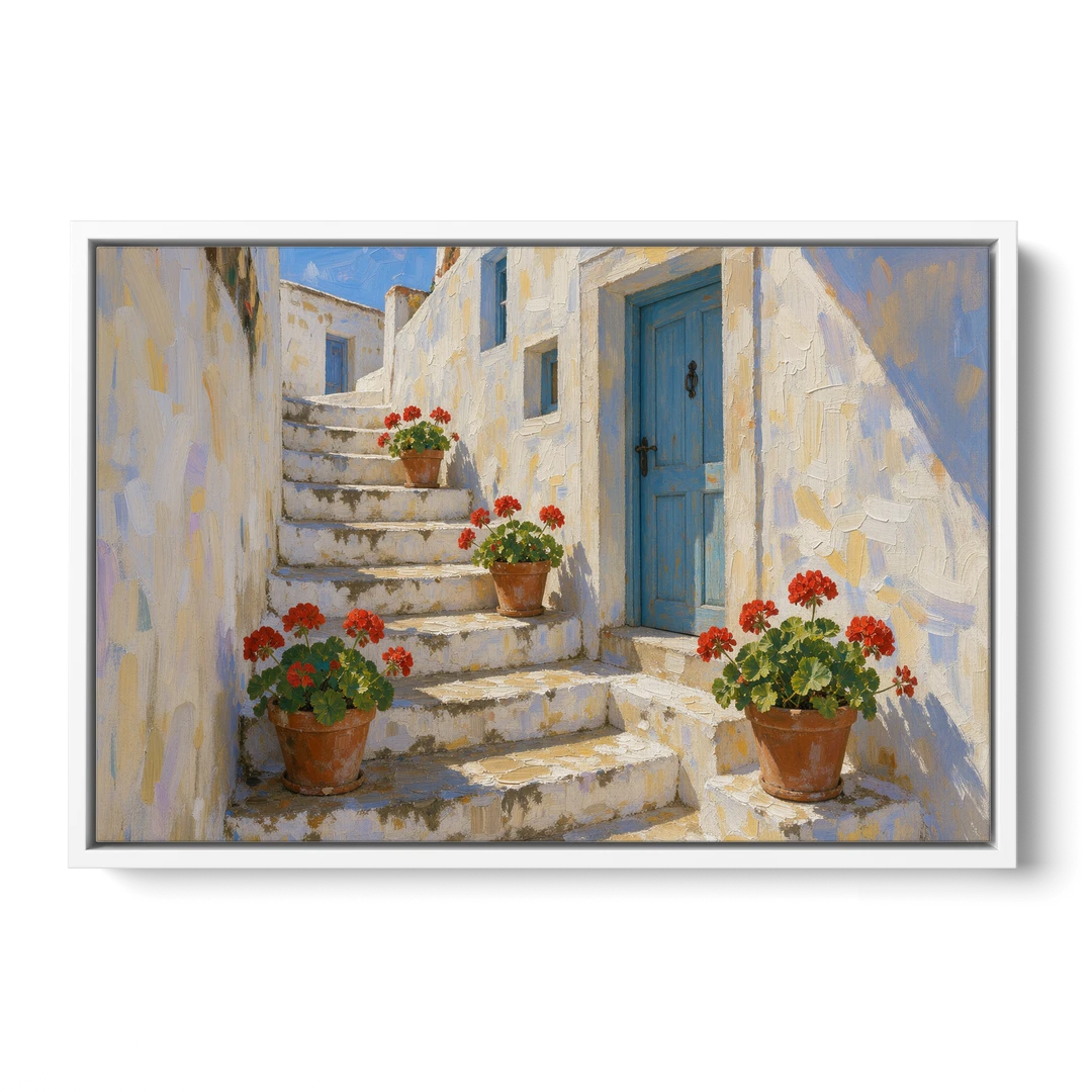 Blue and White Wall Art with Geranium Steps - White Framed Canvas Wall Art - Front