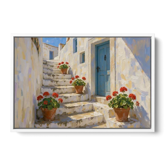 Blue and White Wall Art with Geranium Steps - White Framed Canvas Wall Art - Front