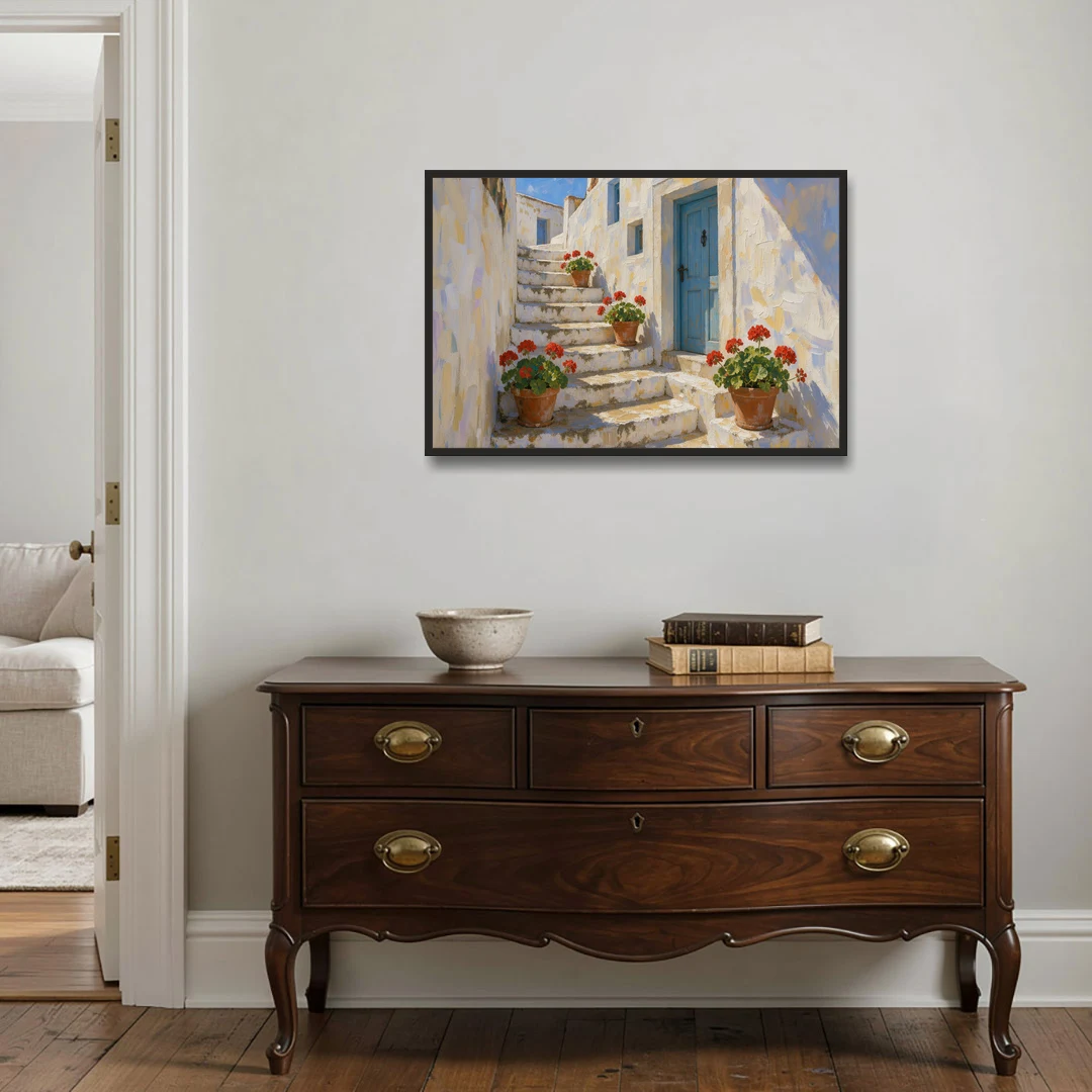 Blue and White Wall Art with Geranium Steps - Black Framed Canvas Wall Art - Coffee Table - 36x24