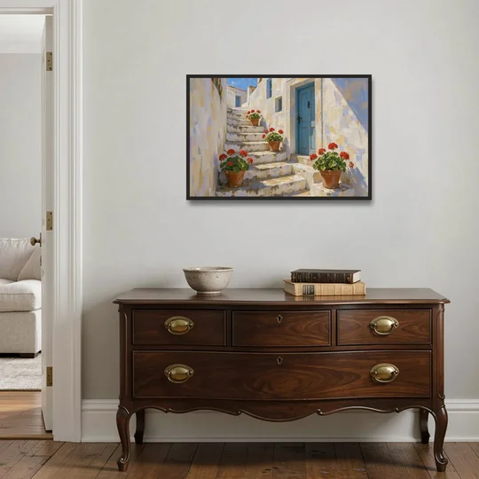 Blue and White Wall Art with Geranium Steps - Black Framed Canvas Wall Art - Coffee Table - 36x24