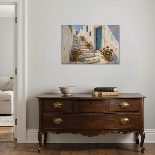 Blue and White Wall Art with Geranium Steps - Canvas Wall Art - Coffee Table - 36x24
