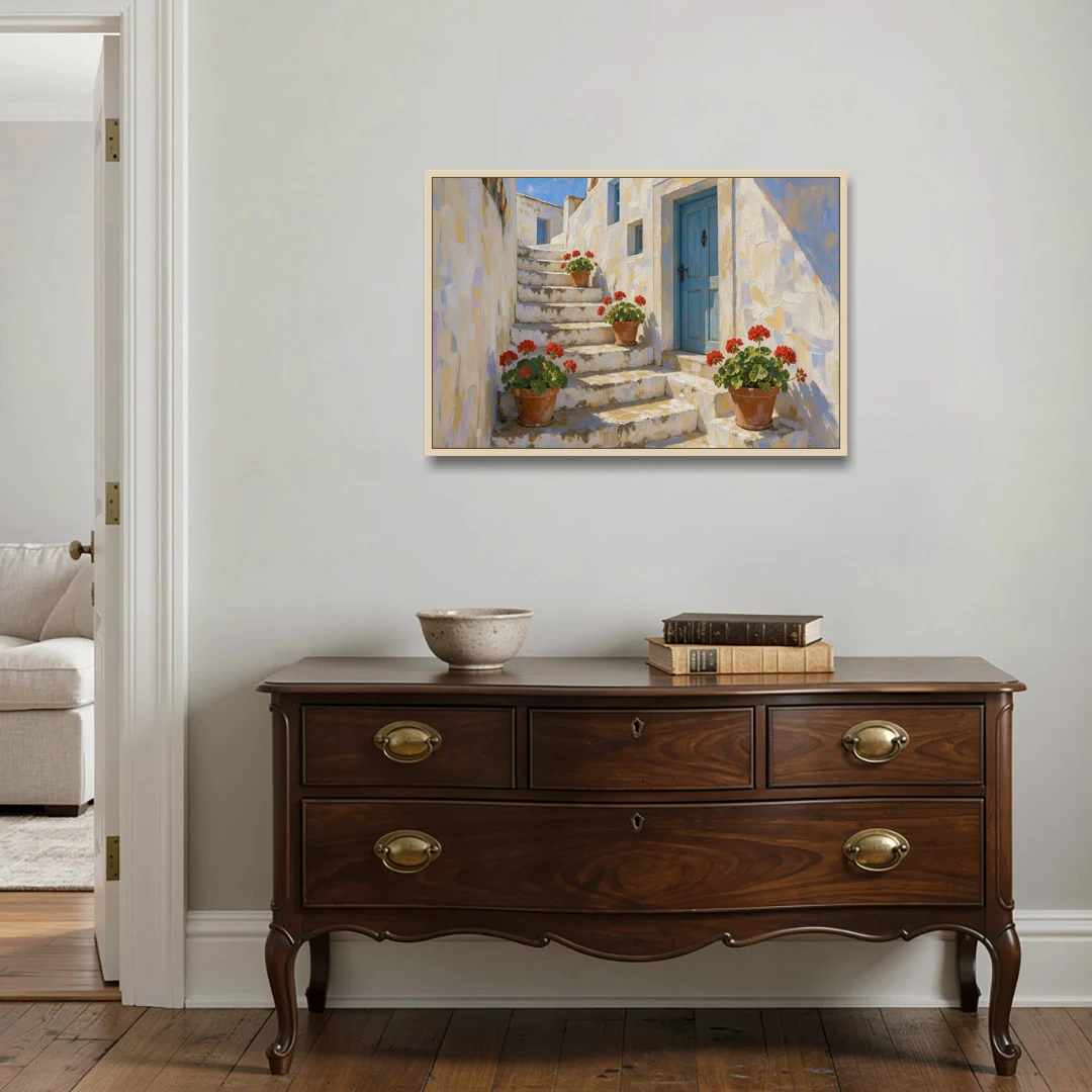 Blue and White Wall Art with Geranium Steps - Oak Framed Canvas Wall Art - Coffee Table - 36x24