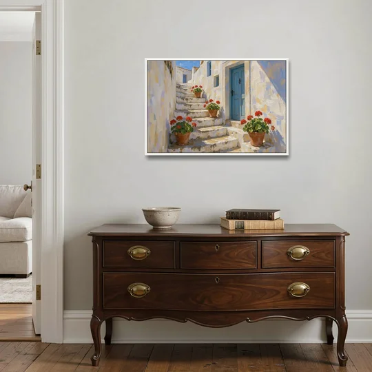 Blue and White Wall Art with Geranium Steps - White Framed Canvas Wall Art - Coffee Table - 36x24