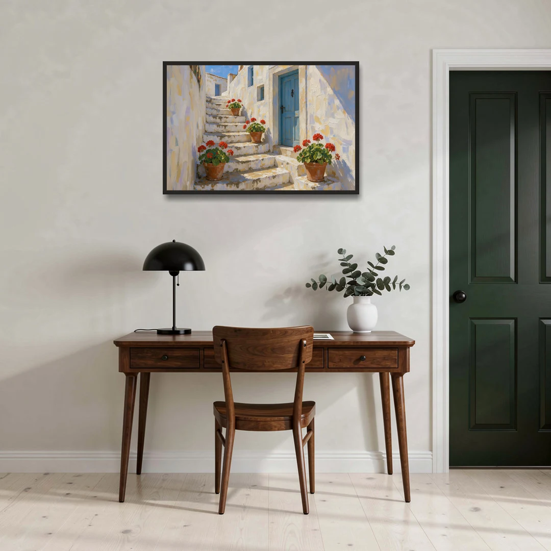 Blue and White Wall Art with Geranium Steps - Black Framed Canvas Wall Art - Office - 36x24