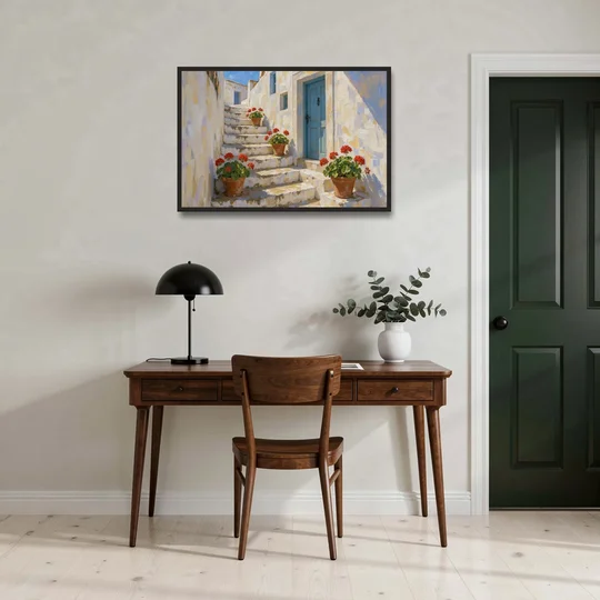 Blue and White Wall Art with Geranium Steps - Black Framed Canvas Wall Art - Office - 36x24