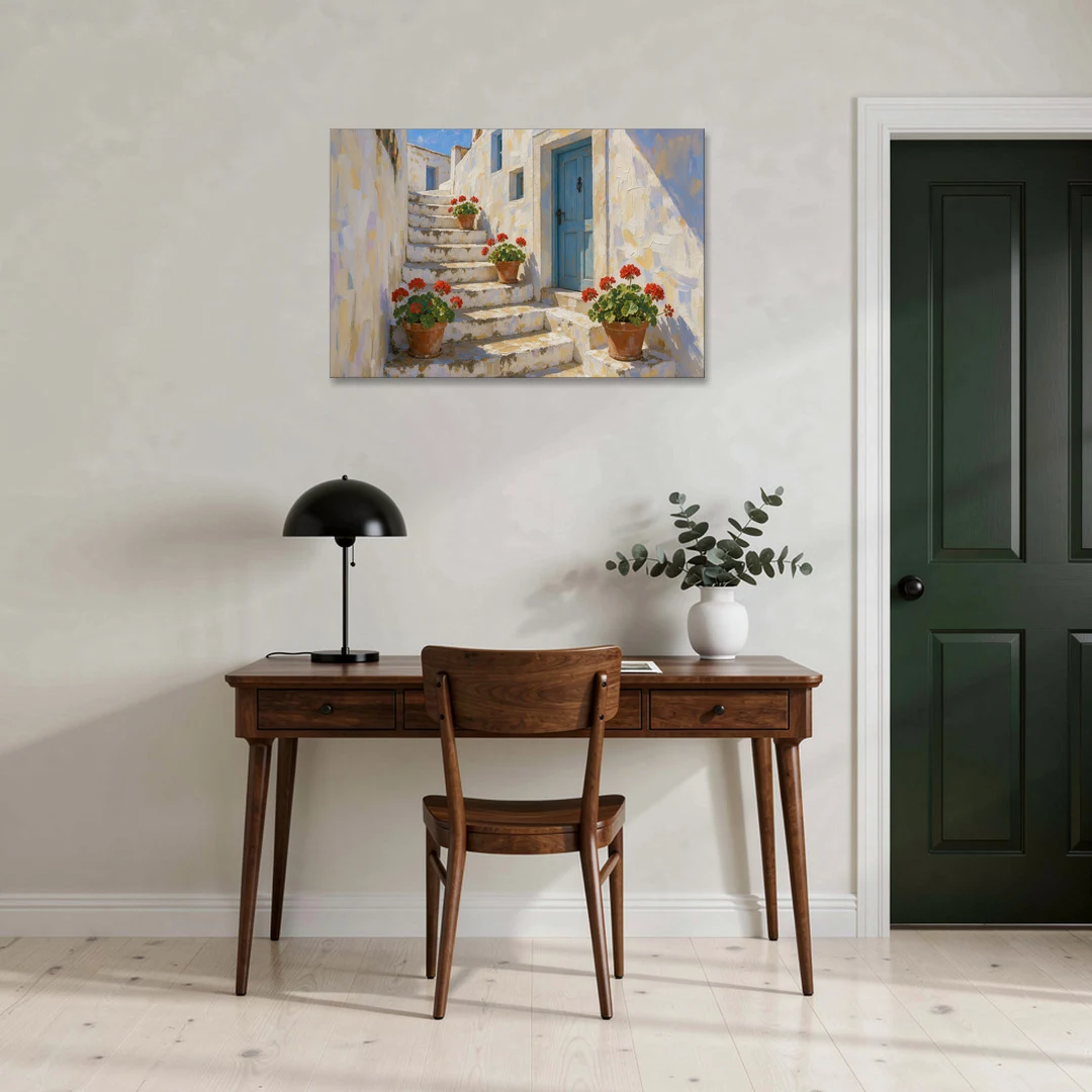 Blue and White Wall Art with Geranium Steps - Canvas Wall Art - Office - 36x24