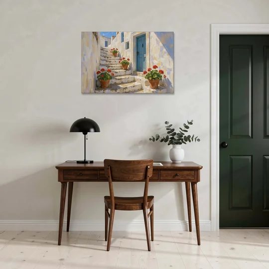 Blue and White Wall Art with Geranium Steps - Canvas Wall Art - Office - 36x24
