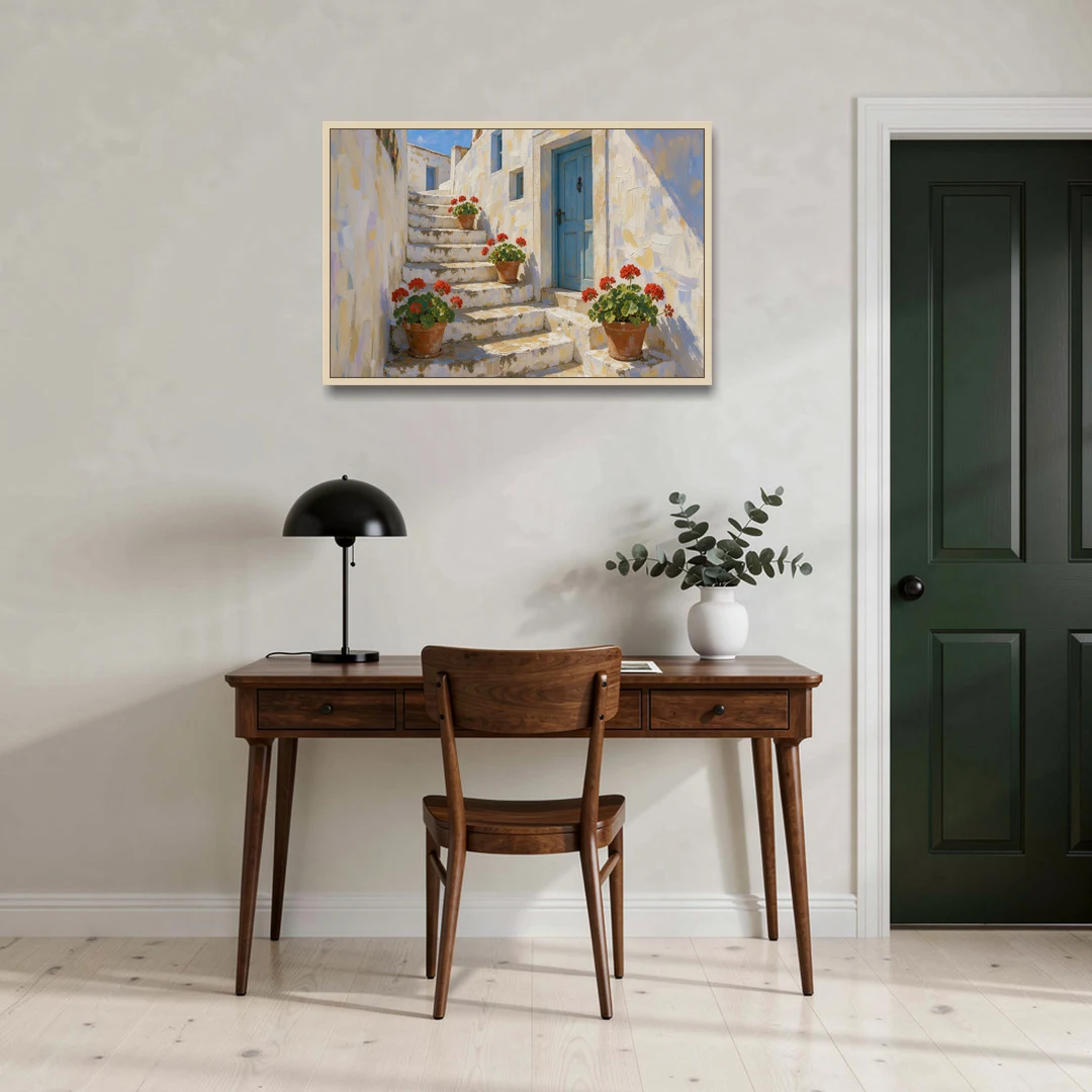 Blue and White Wall Art with Geranium Steps - Oak Framed Canvas Wall Art - Office - 36x24
