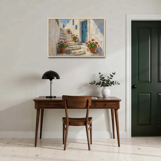 Blue and White Wall Art with Geranium Steps - Oak Framed Canvas Wall Art - Office - 36x24