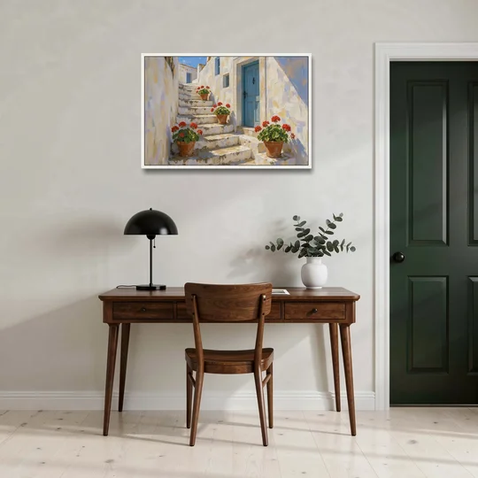 Blue and White Wall Art with Geranium Steps - White Framed Canvas Wall Art - Office - 36x24