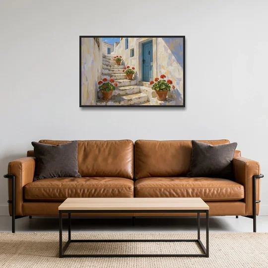 Blue and White Wall Art with Geranium Steps - Black Framed Canvas Wall Art - Sofa - 36x24