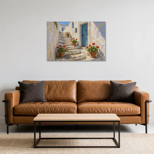 Blue and White Wall Art with Geranium Steps - Canvas Wall Art - Sofa - 36x24