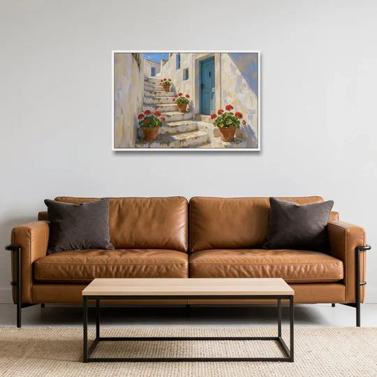 Blue and White Wall Art with Geranium Steps - White Framed Canvas Wall Art - Sofa - 36x24
