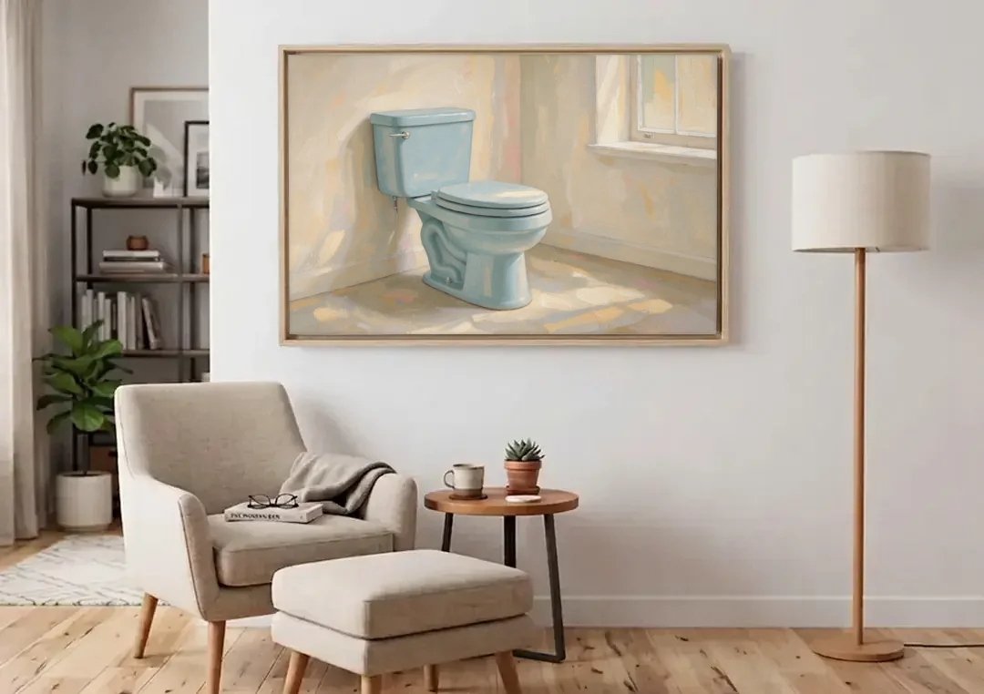 Blue Bathroom Wall Decor with Window Light canvas wall art above an armchair in a bright living room