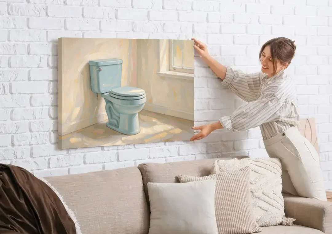 Blue Bathroom Wall Decor with Window Light canvas wall art being hung on a white brick wall above a sofa