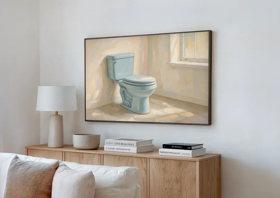 Blue Bathroom Wall Decor with Window Light canvas wall art above a wooden sideboard next to a sofa