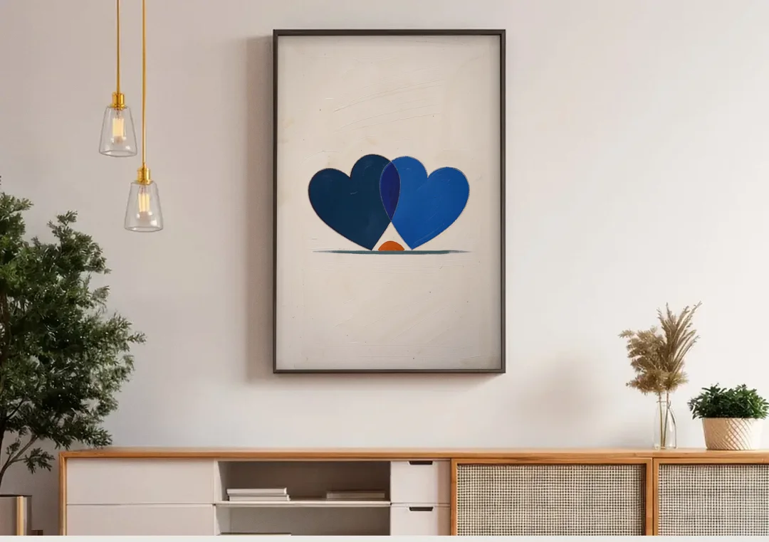 Blue Heart Painting with Ember Crescent canvas wall art above a wooden sideboard under pendant lights