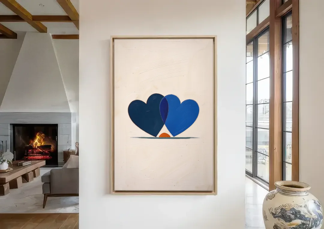 Blue Heart Painting with Ember Crescent canvas wall art in a living room with a fireplace