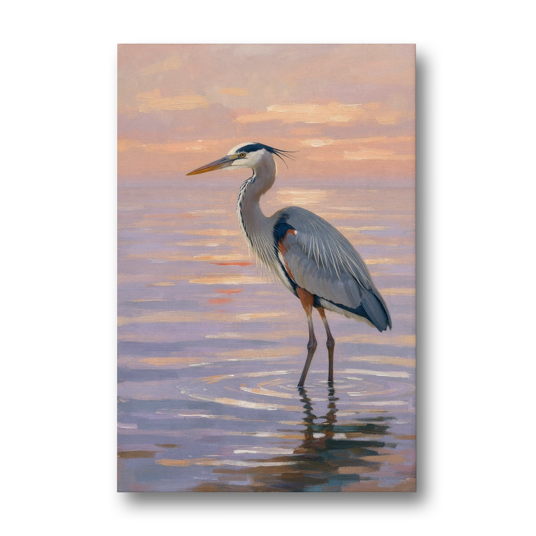 Blue Heron Painting in Twilight Shallows - Canvas Wall Art - Front
