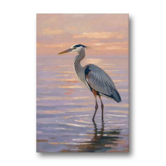 Blue Heron Painting in Twilight Shallows - Canvas Wall Art - Front