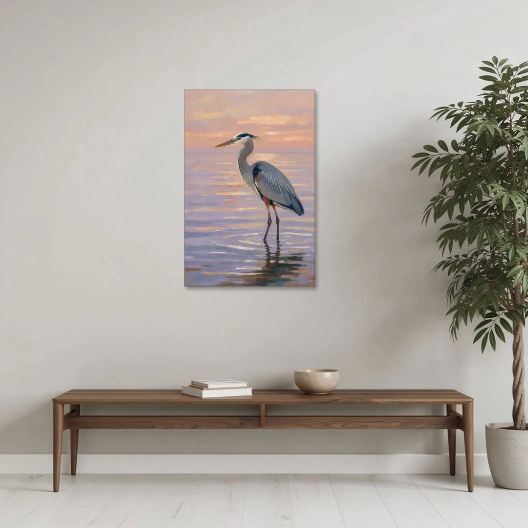 Blue Heron Painting in Twilight Shallows - Canvas Wall Art - Coffee Table - 24x36