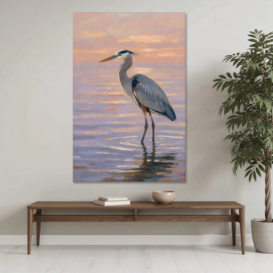 Blue Heron Painting in Twilight Shallows - Canvas Wall Art - Coffee Table - 40x60