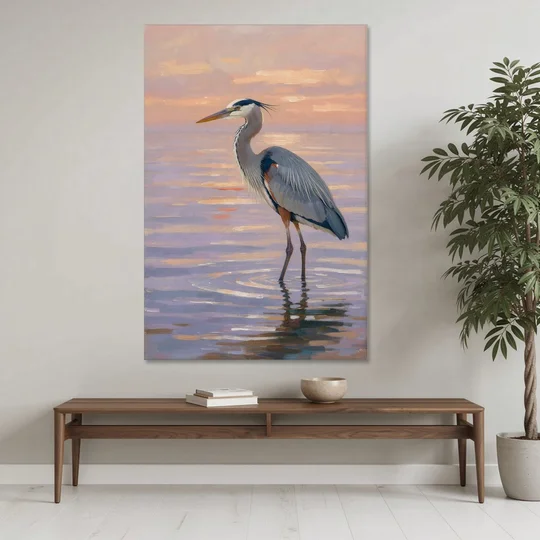 Blue Heron Painting in Twilight Shallows - Canvas Wall Art - Coffee Table - 40x60