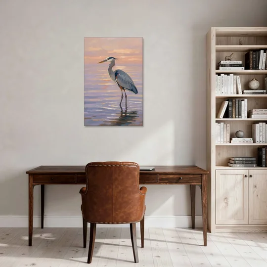 Blue Heron Painting in Twilight Shallows - Canvas Wall Art - Office - 24x36