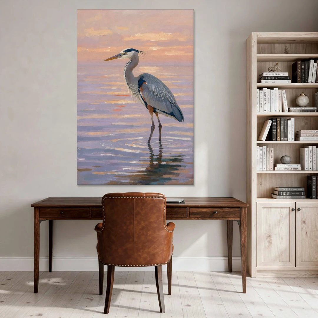 Blue Heron Painting in Twilight Shallows - Canvas Wall Art - Office - 40x60