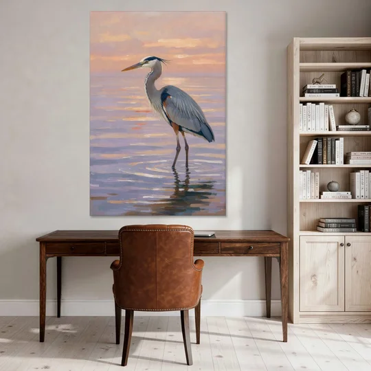 Blue Heron Painting in Twilight Shallows - Canvas Wall Art - Office - 40x60