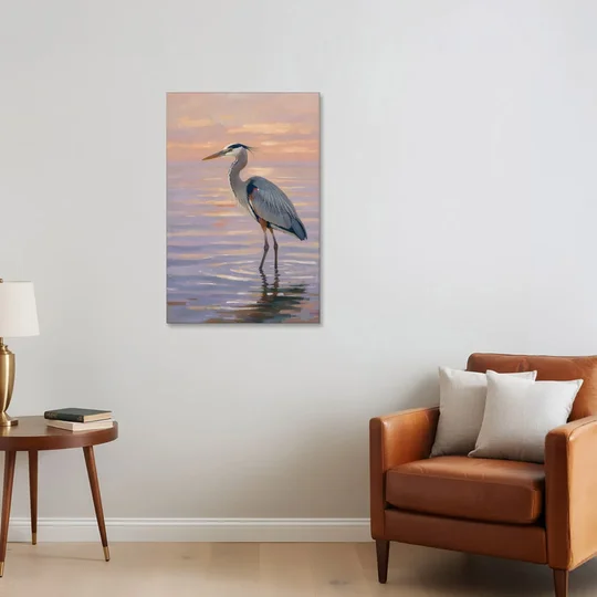 Blue Heron Painting in Twilight Shallows - Canvas Wall Art - Sofa - 24x36