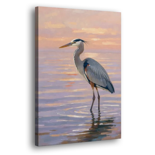 Blue Heron Painting in Twilight Shallows - Canvas Wall Art - Side