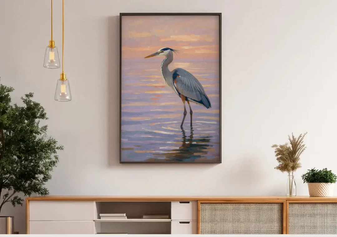 Blue Heron Painting in Twilight Shallows canvas wall art above a wooden sideboard under pendant lights