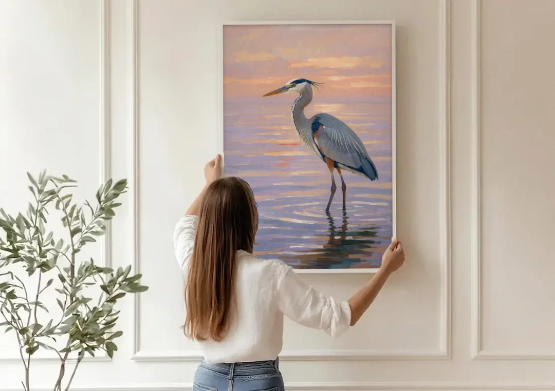 Blue Heron Painting in Twilight Shallows canvas wall art being hung on a paneled wall