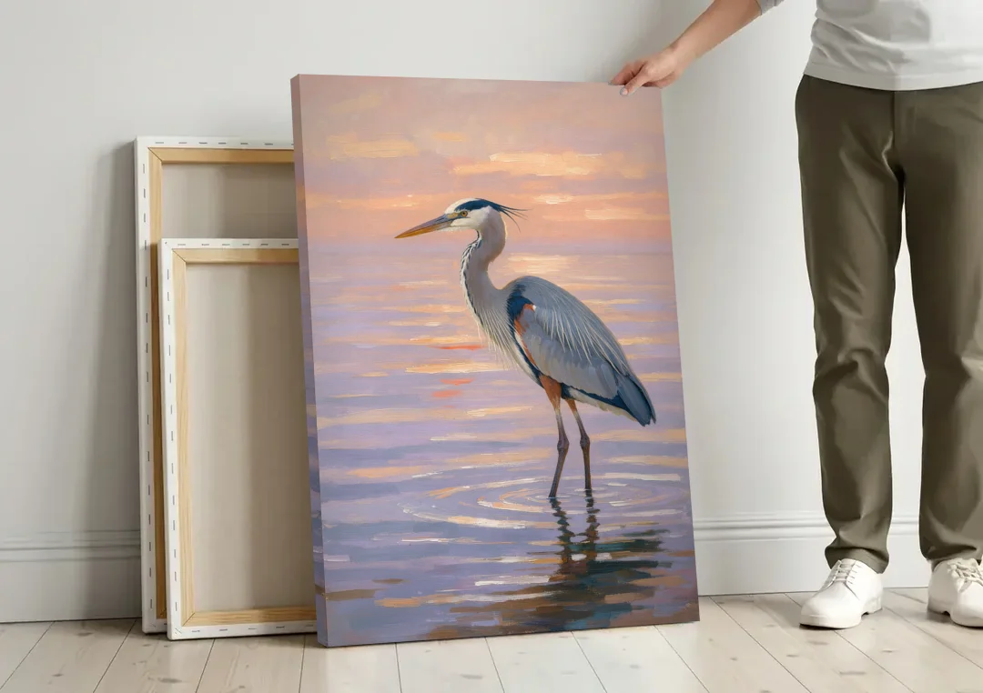 Blue Heron Painting in Twilight Shallows canvas wall art leaning against a wall next to blank canvases
