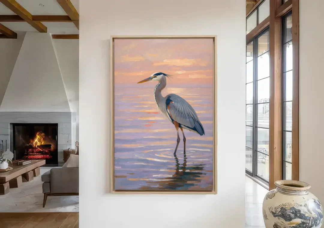 Blue Heron Painting in Twilight Shallows canvas wall art in a living room with a fireplace