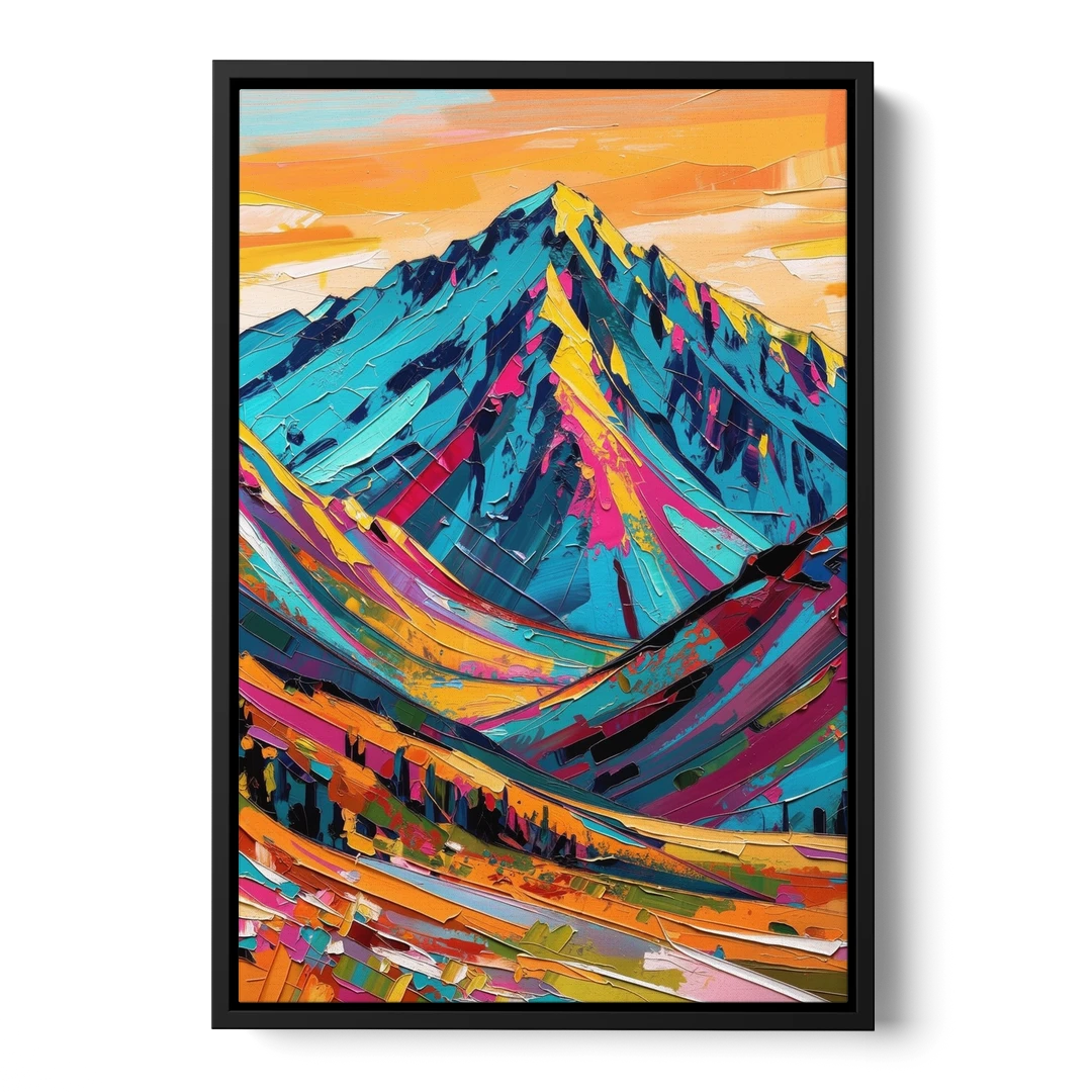 Blue Mountain Painting in Electric Light - Black Framed Canvas Wall Art - Front