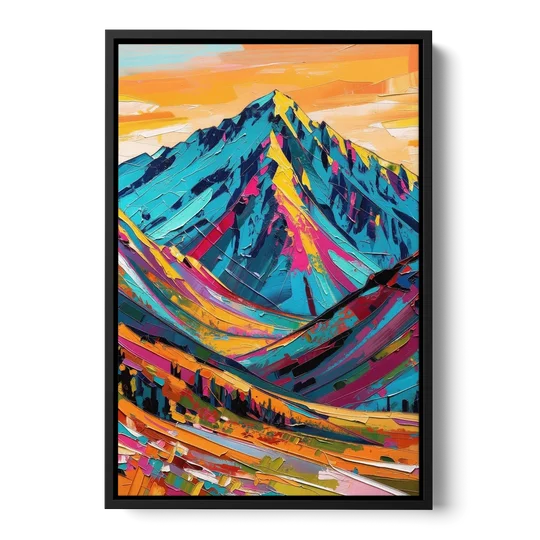 Blue Mountain Painting in Electric Light - Black Framed Canvas Wall Art - Front
