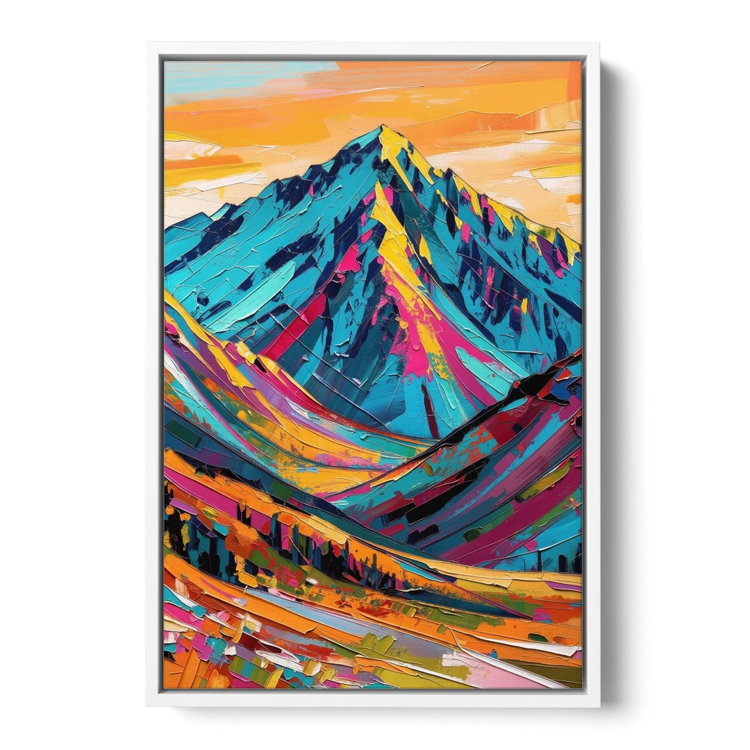 Blue Mountain Painting in Electric Light - White Framed Canvas Wall Art - Front