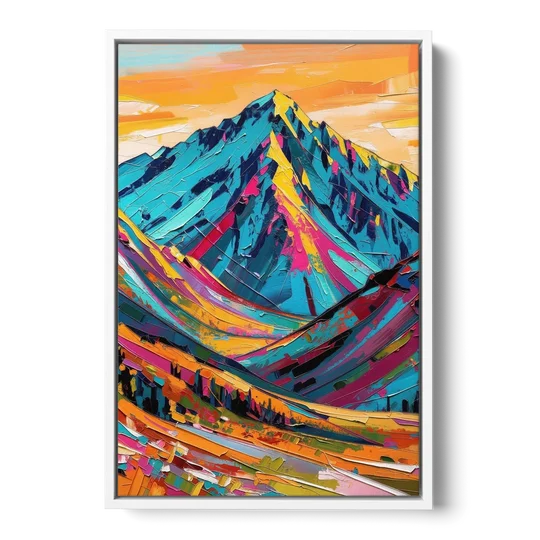 Blue Mountain Painting in Electric Light - White Framed Canvas Wall Art - Front