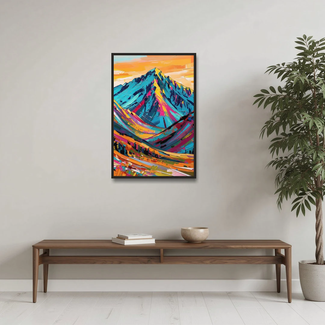 Blue Mountain Painting in Electric Light - Black Framed Canvas Wall Art - Coffee Table - 24x36