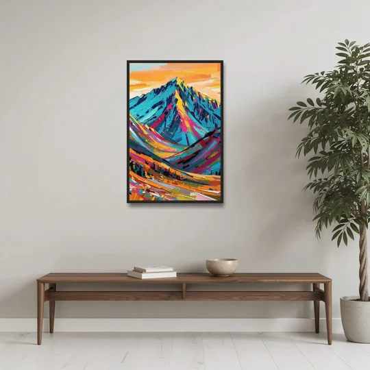 Blue Mountain Painting in Electric Light - Black Framed Canvas Wall Art - Coffee Table - 24x36